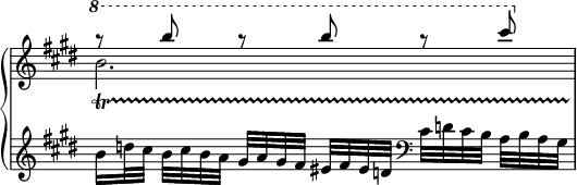 
 \relative c' {
  \new PianoStaff <<
   \new Staff \with { \remove "Time_signature_engraver" } { \key e \major \time 3/4
    <<
     { \ottava #1 \set Staff.ottavation = #"8" r8 b''' r b r cis }
    \\
     { b,2.\startTrillSpan }
    >>
   }
   \new Staff \with { \remove "Time_signature_engraver" } { \key e \major \time 3/4
    b,16[ d32 cis] b cis b a gis[ a gis fis] eis fis eis d \clef bass cis[ d cis b] a b a gis
   }
  >>
 }
