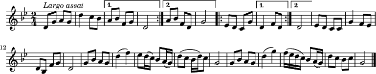 {
  \clef violin \key bes \major \time 2/4 \tempo 4 = 40
  \set Score.tempoHideNote = ##t
  \repeat volta 2 {
    d'8 ^\markup{\italic{Largo assai}} g' a' g'
    d''4 c''8 bes'
  }
  \alternative {
    {
      a'8 bes' f' g'
      d'2
    }
    {
      a'8 bes' f' d'
      g'2
    }
  }
  \repeat volta 2 {
    es'8 d' c' g'
  }
  \alternative {
    {
      d'4 f'8 d'
    }
    {
      d'2
    }
  }
  es'8 d' c' c'
  g'4 f'8 es'
  d'8 bes f' g'
  d'2
  g'8 bes' a' g'
  d''4( f'')
  es''8 d''16( c'')
  bes'8 a'16( g')
  d''8( c'' bes'16 d'') c''8
  g'2
  g'8 bes' a' g'
  d''4( g'')
  f''16( es'' d'' c'') bes'8 a'16( g')
  d''8 c'' bes' c''
  g'2 \bar "|."
}