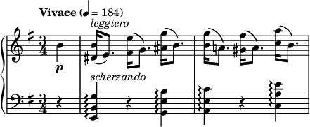 
\new PianoStaff <<
\new Staff = "Up" <<
\new Voice \relative c' {
\clef treble
\tempo "Vivace" 4=184
\key e \minor
\time 3/4
\partial 4
b'4 \p <dis, b'>16^\markup{\italic leggiero} (e8.) <fis e'>16 (g8.) <ais g'>16 (b8.) <b g'>16 (a!8.) <gis fis'>16 (a8.) <c a'>16 (b8.)
}
>>
\new Staff = "Down" <<
\new Voice \relative c{
\clef bass
\key e \minor
r4 <e, b' g'>^\markup{\italic scherzando} \arpeggio r <g e' b'> \arpeggio <a e' c'> \arpeggio r <c a' e'> \arpeggio
}
>>
>>
