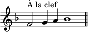 
\version "2.14.2"
\header {
  tagline = ##f
}

\score {
  \new Staff \with {
  \remove "Time_signature_engraver"
  }
  \relative c' {
    \key f \major
    \time 9/1
    \tempo 2 = 80
    \clef treble
    \set Score.currentBarNumber = #30
    \override Rest #'style = #'classical
  
  f2^\markup{À la clef} g4 a bes1
  \bar "||"

  }
  \layout {
    \context {
      \Score
      \remove "Metronome_mark_engraver"
    }
  }
  \midi {}
}
