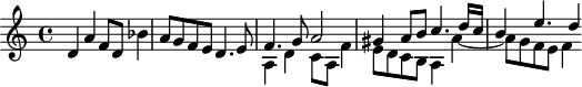 
\version "2.18.2"
\header {
  tagline = ##f
  % composer = "Johann Pachelbel"
  % opus = "Fugue sur le Magnificat ''primi toni'', P.257"
  % meter = ""
}

\score {
<<
  \relative c' {
   %  \clef bass
    \key c \major
    \time 4/4
    \override TupletBracket #'bracket-visibility = ##f 

     %s8*0^\markup{Aria}
     d4 a' f8 d bes'4 | a8 g f e d4. e8 |
     << { f4. g8 a2 | gis4 a8 b c4. d16 c | b4 e4. d4*1/2 } 
     \\ { a,4 d c8 a f'4 | e8 d c b a4 a'~ | a8 g f e f4 } >>

  }
>>
  \layout {
     #(layout-set-staff-size 17)
     \context { \Score \remove "Metronome_mark_engraver" 
     \override SpacingSpanner.common-shortest-duration = #(ly:make-moment 1/2)
     }
  }
}
