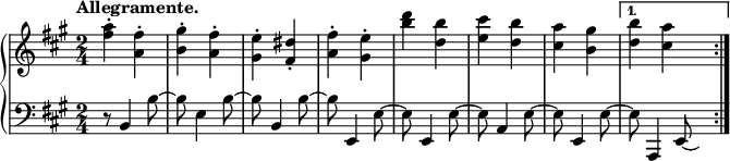 
\relative c''' {
  \new PianoStaff <<
   \new Staff {
    \key a \major \time 2/4 \set Score.tempoHideNote = ##t \tempo "Allegramente." 4=220
     \set Score.alternativeNumberingStyle = #'numbers \repeat volta 1 {
      <a fis>4-. <fis a,>-. <gis b,>-. <fis a,>-. <e gis,>-. <dis fis,>-. <fis a,>-. <e gis,>-.
     <d' b> <b d,> <cis e,> <b d,> <a cis,> <gis b,> }
    \alternative { { <b d,> <a cis,> } } \bar ":|."
   }
   \new Staff { \key a \major \time 2/4 \clef bass \autoBeamOff
    r8 b,,,4 b'8~ b e,4 b'8~ b b,4 b'8~ b e,,4 e'8~
    e e,4 e'8~ e a,4 e'8~ e e,4 e'8~ e a,,4 e'8*1/2~ \hideNotes e
   }
  >>
 }
