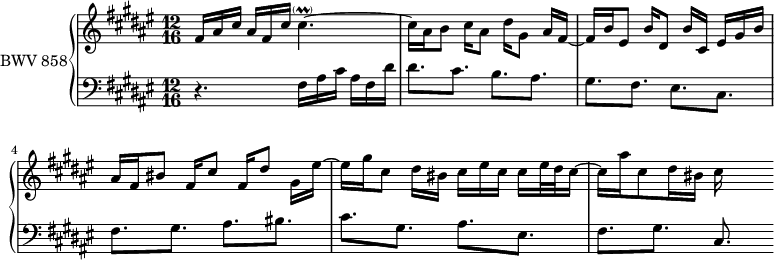 
\version "2.18.2"
\header {
  tagline = ##f
}

Prallcisqp   = { \tag #'print { cis4.~-\parenthesize \prall } \tag #'midi { \times 2/3 { dis32 cis dis cis dis cis~ } cis4~ }  }

upper = \relative c' {
    \clef treble 
    \key fis \major
    \time 12/16
    \tempo 8. = 92
    \set Staff.midiInstrument = #"harpsichord" 

   %% PRÉLUDE CBT I-13, BWV 858, fa-dièse majeur
   fis16 ais cis ais fis cis' \Prallcisqp cis16 ais b8 cis16[ ais8] dis16 gis,8 ais16[ fis~] | fis b eis,8 b'16[ dis,8] b'16 cis, eis gis b |
   ais16 fis bis8 fis16[ cis'8] fis,16[ dis'8] gis,16 eis'~ eis gis cis,8 dis16[ bis] cis eis cis cis eis32 dis cis16~ | cis ais' cis,8 dis16 bis cis16
   
}

lower = \relative c {
    \clef bass 
    \key fis \major
    \time 12/16
    \set Staff.midiInstrument = #"harpsichord" 

    r4. fis16 ais cis ais fis dis' dis8.[ cis] b[ ais] gis[ fis] eis[ cis] fis[ gis] ais[ bis] cis[ gis] ais[ eis] fis[ gis] cis,
} 


 thePianoStaff = \new PianoStaff <<
    \set PianoStaff.instrumentName = #"BWV 858"
    \new Staff = "upper" \upper
    \new Staff = "lower" \lower
  >>

\score {
  \keepWithTag #'print \thePianoStaff
  \layout {
    \context {
      \Score
      \remove "Metronome_mark_engraver"
      %\override SpacingSpanner.common-shortest-duration = #(ly:make-moment 1/3) 
    }
  }
}

\score {
  \keepWithTag #'midi \thePianoStaff
  \midi { }
}
