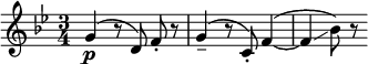  \relative c'' { \clef treble \key bes \major \time 3/4 \autoBeamOff g4\p( r8 d) f-. r | g4--( r8 c,-.) f4(~ | f\glissando bes8) r } 