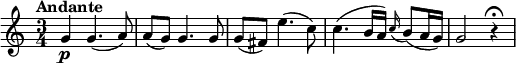 
\relative c'' {
   \version "2.18.2"
   \key c \major
   \time 3/4   
   \tempo "Andante"
   \tempo 4 = 60
  g4 \p g4. (a8)
  a (g) g4. g8
  g (fis) e'4. (c8)
  c4. (b16 a) \grace c16 ( b8) (a16 g)
  g2 r4 \fermata
}
