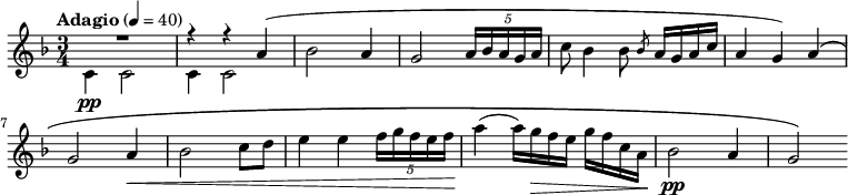 
{
	\clef treble \key d \minor \time 3/4 
	\tempo "Adagio" 4 = 40
	\new Voice = "melody" {
		<<
			{
				\voiceOne
			 R2. r4 r4 a'4(
			}
			\new Voice {
				\voiceTwo
				c'4 \pp c'2 c'4 c'2 
			}
		>>
		\oneVoice
		bes'2 a'4
		g'2 \tuplet 5/4 { a'16 bes' a' g' a' }
		c''8 bes'4 bes'8 \slashedGrace bes' a'16 g' a' c''
		a'4 g') a'\(
		\break
		g'2 a'4\<
		bes'2 c''8 d''
		e''4 e'' \tuplet 5/4 { f''16 g'' f'' e'' f'' }
		a''4\!( a''16) g''\> f'' e'' g'' f'' c'' a'\!
		bes'2 \pp a'4 g'2\)
	}
}
