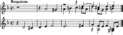 
<<
    \new Staff = "up" \with {
  midiInstrument = "clarinet"
}\relative c' {
  \clef treble 
  \key d \minor
  \time 4/4
  \tempo "Requiem"
  \tempo 4 = 50
   r1
   r4 a'2 gis4
   <<{
     r2 r4 d'4(
     d4) cis d e
     } \\ {
     a,4 b4 c bes8 a8 
     d4 a8 g8 a4 b4
   }>>
   \bar "|."
}
  \new Staff = "down" \with {
  midiInstrument = "bassoon"
} \relative c'  {
  \clef treble
  \key d \minor
  \time 4/4
   r4 d2 cis4
   d4 e4 f2
   e2. fis4
   <<{
     g4 f8 e8 f4 b,8 e8
     } \\ {
     r4 a,2 gis4
   }>>
}
  >>
