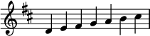 {
\omit Score.TimeSignature \relative c' {
  \key d \major \time 7/4 d e fis g a b cis} }