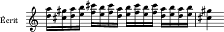 
  \version "2.18.2"
    \header {
    tagline = ##f
  }

\score {
  \new Staff \with {
    \remove "Time_signature_engraver"
    instrumentName = #"Écrit "
  }
  \relative c'' {
    \key c \major
    \time 4/4
    \tempo 4 = 92
    \autoBeamOff
    \clef treble
    \override Rest #'style = #'classical

   %% Marini op. 8 lu
    < d a' >16[ < cis gis' > < d a' > < e b' >]
    < f cis' >[ < e b' > < f cis' > < d a' >]
    < e b' >[ < f cis' > < e b' > < f cis' >]
    < d a' >[ < e b' > < d a' > < e b' >]
    < cis gis' >4
  }
  \layout {
    \context {
      \Score
      \remove "Metronome_mark_engraver"
    }
  }
  \midi {}
}
