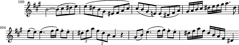 
\version "2.18.2"
\header {
  tagline = ##f
  % composer = "Mozart"
  % opus = "K. 622"
  % meter = "Allegro"
}

\score {
<<
  \relative c'' {
    \key a \major
    \time 4/4
    \override TupletBracket #'bracket-visibility = ##f 
    \set Score.currentBarNumber = #100
    \omit Staff.TimeSignature
    \bar ""
    \tempo 4 = 100
     %%%%%% K622
     b2~ b8( cis dis e) | e( dis b gis eis fis a cis) | cis( b gis e!) e( dis fis a) |
     gis16 a b cis dis e fis gis a4. dis,8 fis( e) e4.( fis16 gis) fis8-. e-. \times 2/3 { dis8 fis a } \times 2/3 {fis dis b} a4 r4
     gis8( b) e4.( fis16 gis) fis8-. e-. dis16 fis a fis dis b a fis dis4

  }
>>
  \layout {
     #(layout-set-staff-size 17)
     \context { \Score \remove "Metronome_mark_engraver" 
     \override SpacingSpanner.common-shortest-duration = #(ly:make-moment 1/2)
     }
  }
  \midi { \set Staff.midiInstrument = #"clarinet" }
}
