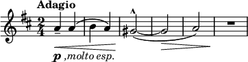 
\relative c'' {  
   \new Staff { \key d \major \time 2/4  \tempo Adagio
    a4-\markup { \dynamic p \italic { ,molto esp.}}--\< a\( | b a\) | gis2^^~\!( | gis\> | a)  | R\! |
  }}
