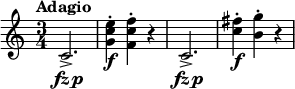 
\relative c' {
  \tempo "Adagio"
  \key c \major
  \time 3/4
  c2.->_\markup{\center-align \dynamic {fz p}} | <g' c e>4-.\f <f c' f>-. r | c2.->_\markup{\center-align \dynamic {fz p}} | <c' fis>4-.\f <b g'>4-. r
}
