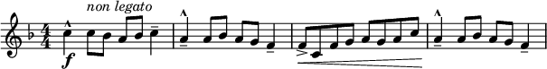 
\relative c'' { \new Staff { \key f \major \time 4/4 \numericTimeSignature 
    c4^^-\f c8^\markup { \italic {non legato}}  bes a bes c4-- | a4^^-- a8 bes a g f4-- |
    [ f8->\< c f g ] [ a g a c] | a4^^--\! a8 bes a g f4-- | }}
