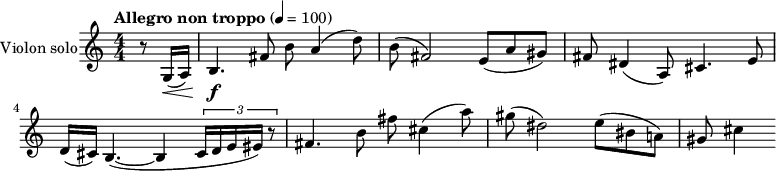 
\header {
  tagline = ##f
}

\score {
  \relative c' {
    \set Staff.instrumentName = "Violon solo"
    \set Staff.midiInstrument = "Violin"

    \numericTimeSignature
    \partial 4

    \tempo "Allegro non troppo" 4 = 100

    r8 g16\<( a)
    b4.\f fis'8 b a4( d8) b( fis2) e8( a gis)
    fis dis4( a8) cis4. e8 d16( cis) b4.~( b4 \times 2/3 { cis16 d e eis) r8 }
    fis4. b8 fis' cis4( a'8) gis( dis2) e8( bis a!)
    gis cis4
  }
  \layout{}
  \midi{}
}
