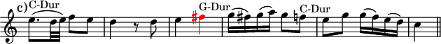 
\version "2.14.2"
\header {
  tagline = ##f
}
upper = \relative c'' {
  \override Score.TimeSignature.stencil=##f
  \clef treble 
  \key c \major
  \time 2/4
  \tempo 4 = 72

{ \mark "c)" e8.^"C-Dur"( d32 e) f8 e d4 r8 d8 e4 \tweak NoteHead.color #red \tweak Stem.color #red \tweak Accidental.color #red fis4^"G-Dur" g16( fis) g( a) g8 f^"C-Dur" e g g16( f) e( d) c4 \bar "||" }

}

\score {
    \new Staff = "upper" \upper
  \layout {
    \context {
      \Score
      \remove "Metronome_mark_engraver"
    }
  }
  \midi { }
}
