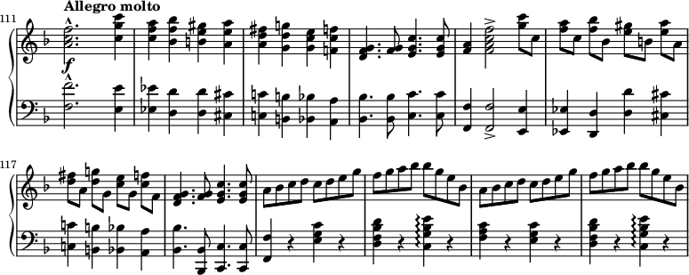 
\new PianoStaff <<
  \new Staff = "up" \with { \remove "Time_signature_engraver" } { \relative c'' {
    \key f \major \clef treble
    \set Score.currentBarNumber = #111 \bar ""
    \set Staff.midiInstrument = "string ensemble 1"
    \accidentalStyle "modern"
    \set Score.tempoHideNote = ##t \tempo "Allegro molto" 2 = 108
    \override Score.SpacingSpanner #'common-shortest-duration = #(ly:make-moment 1 4)
    \time 2/2
    <a c f>2.^\marcato <c g' c>4 | <c f a> <bes f' bes> <b e gis> <a e' a> | <a d fis> <g d' g> <g c e> <f c' f> | <d f g>4. <f g>8 <e g c>4. q8 |
    \set beamExceptions = #'((end . ( ((1 . 8) . (2 2 2 2)) )))
    <f a>4 <f a c f>2-> <g' c>8 c, | <f a> c <f bes> bes, <e gis> b <e a> a, | <d fis> a <d g> g, <c e> g <c f> f, | <d f g>4. <f g>8 <e g c>4. q8 |
    \set beamExceptions = #'()
    a bes c d c d e g | f g a bes bes g e bes | a bes c d c d e g | f g a bes bes g e bes |
  }}
  \new Dynamics { s4\f }
  \new Staff = "down" \with { \remove "Time_signature_engraver" } { \relative c {
    \key f \major \clef bass
    \set Staff.midiInstrument = "cello"
    \accidentalStyle "modern"
    <f f'>2.^\marcato <e e'>4 | <es es'> <d d'> q <cis cis'> | <c c'> <b b'> <bes bes'> <a a'> | <bes bes'>4. q8 <c c'>4. q8 |
    <f, f'>4 q2-> <e e'>4 | <es es'> <d d'> <d' d'> <cis cis'> | <c c'> <b b'> <bes bes'><a a'> | <bes bes'>4. <bes, bes'>8 <c c'>4. q8 |
    <f f'>4 r <e' g c> r | <d f bes d> r <c g' bes e>\arpeggio r | <f a c> r <e g c> r | <d f bes d> r <c g' bes e>\arpeggio r |
  }}
>>
