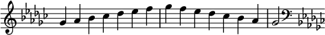   {
\override Score.TimeSignature #'stencil = ##f
\relative c'' {
  \clef treble \key ges \major \time 7/4 ges4 aes bes ces des es f ges f es des ces bes aes ges2
  \clef bass \key ges \major
} }

