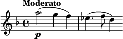 
\new staff
\relative c''' {
\set Staff.midiInstrument = #"violin"
\key d \minor
\time 4/4
\tempo "Moderato" \tempo 8 = 76
a2(_\p) (g4 f) es4. (f8 d4)
}
