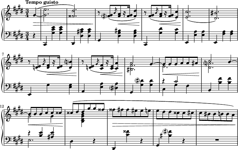 
\language english
\layout { \context { \PianoStaff \accidentalStyle piano-cautionary } }
\new PianoStaff
<<
  \new Staff = "top" \fixed c' {
    \key cs \minor
    gs4~( |
    <gs e'>2. | <fss ds'>) |
    r8 <fs gs>[( \slashedGrace b <fs a> r16 <fs gs>] <fs ds'>4) |
    r8 <fs gs>[( \slashedGrace b <fs a> r16 <fs gs>] <e cs'>4) |
    <e cs'>2.( | <ds bs>) |
    r8 <d e>[( \slashedGrace gs <d fs> r16 <d e>] <d b>4) |
    r8 <d e>[( \slashedGrace gs <cs fs> r16 <cs e>] <cs a>4) |
    <<
      { a2 gs4~ | gs8 gs gs a a as | cs'2 b4~ | b8 b b cs' cs' css' | }
      \\
      { <bs, fs>2. | e2. | <ds a> | gs2 gs4 | }
    >>
    \voiceOne css'8( ds' ds' gs' gs' fss' \oneVoice | fss' fs' fs' es' es' e' |
    e' ds' ds' css' css' cs' | cs' bs bs b b a) |
  }
  \new Dynamics {
    \time 3/4
    \tempo "Tempo guisto"
    \partial 4
    s4\> |
    s2.*2 |
    \repeat unfold 2 { s4\! s2\< | }
    s2.*2\! |
    \repeat unfold 2 { s4\! s2\< | }
    \repeat unfold 2 { s2.\! | s2.\< | }
    s2.\! | s2.*3\> | <>\!
  }
  \new Staff = "bot" {
    \clef bass
    \key cs \minor
    r4 |
    cs, <gs cs' e'> q | ds, <ds as cs'> q |
    gs, <ds gs bs> q | cs, <gs ds'> <gs cs'> |
    e, <e a> q | e, <fs a> q |
    e, gs <e gs> | a, <e a> <ds a> |
    gs, <gs ds'> q | << { r4 cs'2 } \\ { cs4 gs fs } >> |
    b, <b fs'> q | << { r4 <b e'> <as e'> } \\ e2. >> |
    ds4 \change Staff = "top" \voiceTwo <b ds' gs' b'> \oneVoice \change Staff = "bot" r |
    ds, <cs' fss'> r |
    gs, <bs fs'> r | R2. |
  }
>>
