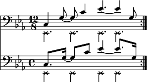 
{
       \relative c, <<
        \new Staff <<
           \new voice {
              \clef bass \time 12/8 \key c \minor
              \set Score.tempoHideNote = ##t \tempo 4 = 100
              \stemDown \override NoteHead.style = #'cross \repeat volta 2 { es4. es es es }
       }
          \new voice {
              \set Score.tempoHideNote = ##t \tempo 4 = 100
              \time 12/8
              \stemUp \repeat volta 2 { c'4 g'8~ g c4 es4.~ es4 g,8 } \bar ":|."
       } >>
       \new Staff <<
          \new voice {
              \clef bass \time 12/8 \key c \minor
              \set Staff.timeSignatureFraction = 4/4
              \scaleDurations 3/2 {
                  \set Score.tempoHideNote = ##t \tempo 8 = 100
                  \stemDown \override NoteHead.style = #'cross \repeat volta 2 { es,4 es es es }
              }
       }
          \new voice \relative c' {
              \time 12/8
              \set Staff.timeSignatureFraction = 4/4
              \scaleDurations 3/2 {
                  \set Score.tempoHideNote = ##t \tempo 4 = 100
                  \stemUp \repeat volta 2 { c,8. g'16~ g8 c es4~ es8. g,16 } \bar ":|."
              }
       } >>
  >> }
