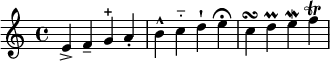 \relative c' {e-> f-- g-+ a-. b-^ c-_ d-! e^\fermata c^\turn d^\prall e^\mordent f^\trill}