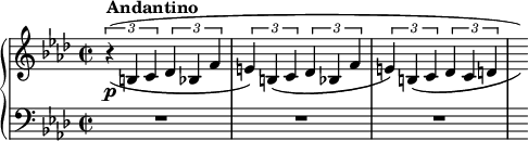 
\new PianoStaff <<
\new Staff = "Up" <<
\new Voice \relative c' {
\clef treble
\key f \minor
\omit Score.MetronomeMark
\tempo 4=100
\time 2/2
\tupletSpan 2
\tuplet 3/2 {r^\markup{\bold Andantino} \p (_\(b c des bes f' e\) b _\(c des bes f' e\) b _\(c des c d} \hide r16 \))
}
>>
\new Staff = "Down" <<
\new Voice \relative c{
\clef bass
\key f \minor
R1 R R s16
}
>>
>>
