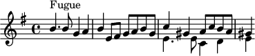 
\version "2.18.2"
\header {
  tagline = ##f
  % composer = "Johann Pachelbel"
  % opus = "Prélude et fugue en mi mineur, P 416"
  % meter = ""
}

\score {
<<
  \relative c'' {
    \key e \minor
    \time 4/4
    \override TupletBracket #'bracket-visibility = ##f 

     s8*0^\markup{Fugue}
     << { b4. b8 g4 a | b e,8 fis g a b g | c4 gis a8 c b a gis4 } \\ { s1*2 | e4. e8 c4 d | e } >>

  }
>>
  \layout {
     #(layout-set-staff-size 17)
     \context { \Score \remove "Metronome_mark_engraver" 
     \override SpacingSpanner.common-shortest-duration = #(ly:make-moment 1/2)
     }
  }
}
