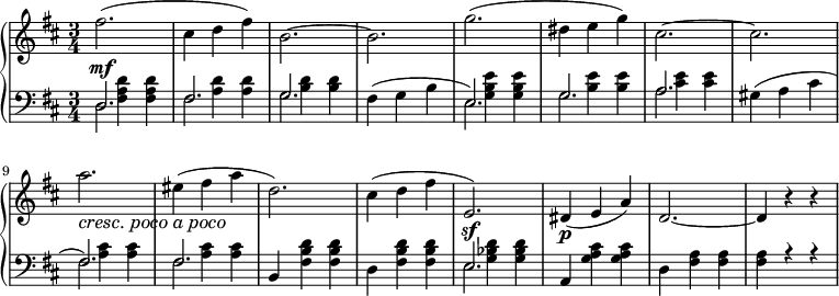 
 \relative c' {
  \new PianoStaff <<
   \new Staff { \key b \minor \time 3/4
    \set Score.tempoHideNote = ##t
     \tempo "" 2. = 64
      fis'2.( cis4 d fis) b,2.~ b g'( dis4 e g) cis,2.~ cis \set crescendoText = \markup { \italic { cresc. poco a poco} }
  \set crescendoSpanner = #'text \override DynamicTextSpanner.style = #'none a'\< eis4( fis a d,2.) cis4( d fis e,2.)\sf dis4\p( e a) d,2.~ d4 r r
   }
   \new Dynamics {
    s\mf
      }
   \new Staff { \key b \minor \time 3/4 \clef bass
    << {\stemDown s4 <fis, a d> <fis a d> s4 <a d> <a d> s4 <b d> <b d> s2. s4 <g b e> <g b e> s4 <b e> <b e> s <cis e> <cis e> s2. s4 <a cis> <a cis> s <a cis> <a cis> \once \stemUp b, <fis' b d> <fis b d> d <fis b d> <fis b d> s4 <g bes d> <g bes d> \once \stemUp a, <g' a cis> <g a cis> d <fis a> <fis a> <fis a> r r}
\\
{\slurUp d2. fis g fis4( g b e,2.) g a gis4( a cis fis,2.) fis s2. s e2.}
\\
{d2. fis g s2. e g a s2. fis fis s2. s e2.}>>
   } >>
 }
