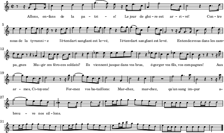 
  \new Staff \with { midiInstrument = "choir aahs" \magnifyStaff #5/7 }
  \relative c'' { 
    \set Score.tempoHideNote = ##t
    \key c \major
    \time 2/2
    \tempo 4 = 112
    \partial 2 r8 r16 g e8. g16 c4 c d d g4. (f8) e r16 c e8. c16 a4 f'2 d8. b16 c2 r4 c8. d16 \break
     e4 e e f8. e16 e4 d8 r r4 d8. e16 f4 f f g8. f16 f4 e4 r4 g8. g16 g4 (e8.) c16 g'4 e8. c16 g2 r8 r16 g g8. g16
     b4. d8 f4. d8 \break d8 c c r r4 as g c8. c16 c4 b8. c16 d2 r4 d es4. es8 es es f g d2 r4 es8 d c4 c es d8. c16
     c4 b8 r8 r4 r8 r16 g' \break g2~ g8 e c8. c16 d2 r4 r8 r16 g g2~ g8 e c8. c16 d2 r4 g, c2 r4 c e2 r f2 g4. a8 b,2 r4 r8 r16 a' \break
     g2~ g8 e f d << { 
     \set midiInstrument = #"choir aahs"
      \voiceOne
       c2
      } \new Voice { 
      \set midiInstrument = #"violin"
      \set fontSize = -5
      \voiceTwo
       c4 c8. c16 d4 d8. d16 e8 e16 f g8 g g f e d
       c c16 c c8 c d d16 d d8 d e e16 f g8 g g f e d e e16 f g8 g g f e d e a16 b c8 a g f e d e c16 c c8 c c c c c
      \partial 2 c2 \bar "|."
      } 
    >>
  }
  \addlyrics {
    \override LyricText.font-size = #-2
     Al -- lons, en -- fans de la pa -- tri -- e!
     Le jour de gloi -- re_est ar -- ri -- vé!
     Con -- tre nous de la ty -- ran -- ni -- e
     l'é -- ten -- dart san -- glant est le -- vé, _ l'é -- ten -- dart san -- glant est le -- vé.
     En -- ten -- dez -- vous dans les cam -- pa __ _ gnes
     Mu -- gir ces fé -- ro -- ces sol -- dats?
     Ils vien -- nent jus -- que dans vos bras,
     é -- gor -- ger vos fils, vos com -- pa -- gnes!
     Aux ar -- mes, Ci -- toy -- ens!
     For -- mez vos ba -- tail -- lons:
     Mar -- chez, mar -- chez,
     qu'un sang im -- pur
     a -- breu -- ve nos sil -- lons.
  }
  \layout { }
  \midi {
    \context {
      \Staff
      \remove "Staff_performer"
    }
    \context {
      \Voice
      \consists "Staff_performer"
    }
  }
