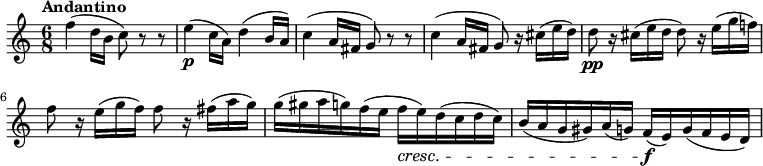 
\relative c'' {
      \version "2.18.2"
      \clef "treble" 
      \tempo "Andantino" 
      \key c \major
      \time 6/8
   f4 (d16 b c8) r8 r8
   e4  \p (c16 a) d4 (b16 a)
   c4 (a16 fis g8) r8 r8
   c4 (a16 fis g8) r16 cis16 (e d)
   d8 \pp r16 cis16 (e d d8) r16 e16 (g f!)
   f8 r16 e16 (g f) f8 r16 fis16 (a g)
   g (gis a g) f (e f\cresc e) d (c d c)
   b (a g gis) a (g) f\f (e) g (f e d)               
     }
