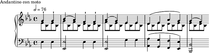 
\version "2.18.2"
\header {
  tagline = ##f
}
upper = \relative c'' {
  \clef treble 
  \key ees \major
  \time 4/4
  \tempo 2 = 76
  \override TupletBracket.bracket-visibility = ##f

   %%Montgeroult — Étude 17 (pdf p. 48)
   \partial 2
   << { g4-! g-! bes^( aes) f-! f-! aes( g) ees ees d^( ees aes g) g^( f) } \\ { \repeat unfold 2 { ees8 bes } | g'8 bes, f' bes, \repeat unfold 2 { d8 bes } f' bes, ees bes \repeat unfold 2 { ees8 bes } | \repeat unfold 2 { d8 bes ees bes } ees8 bes d bes } >>

}

lower = \relative c {
  \clef bass
  \key ees \major
  \time 4/4

   \repeat unfold 2 { ees4 ees < ees ees, >2 }
   g4 g < aes aes, >4( < g g, > < f f, > < ees ees, >) < bes bes, >2
}

  \header {
    piece = "Andantino con moto"
  }

\score {
  \new PianoStaff <<
    \new Staff = "upper" \upper
    \new Staff = "lower" \lower
  >>
  \layout {
    \context {
      \Score
      
    }
  }
  \midi { }
}
