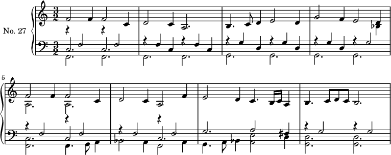 
\version "2.14.2"
\header {
  tagline = ##f
}
upper = \relative c' {
  \clef treble 
  \key a \minor
  \time 3/2
  \tempo 2 = 76
  \autoBeamOff
  \set Staff.midiInstrument = #"harpsichord"

    f2 f4 f2 c4 | d2 c4 a2. | b4. c8 d4 e2 d4 | g2 f4 e2 << { d4 } \\ { bes4 } >> |
    << { f'2 f4 f2 c4 } \\ { a2. a2. } >> 
    d2 c4 a2 f'4 | e2 d4 c4. b16[c] a4 | b4. c8[d c] b2.

}

lower = \relative c {
  \clef bass
  \key a \minor
  \time 3/2
  \set Staff.midiInstrument = #"harpsichord"

    << { r4 f2 r4 f2 } \\ { f,2. f2. } \\ { c'2. c2. } >> 
    << { r4 f4 c4 r4 f4 c4 } \\ { f,2. f2. } >> 
    << { r4 g'4 d4 r4 g4 d4 } \\ { g,2. g2. } >> 
    << { r4 g'4 d4 r4 g2 } \\ { g,2. g2. } >>

    << { r4 f'2 r4 f2 }  \\ { << f,2. \stemDown c'2. >> f,4. g8 a4 } \\ { s2. c2 } >> 
    << { r4 f2 r4 f2 }  \\ { bes,2 a4 f2 a4 } \\ { s2. c2. } >> 
    << { g'2. a2 fis4 }  \\ { g,4. a8 bes4 << e2 a,2 >> d4 } >> 
    << { r4 g2 r4 g2 } \\ { << d2. g,2. >> << d'2. g,2. >>  } >> 
}

\score {
  \new PianoStaff <<
    \set PianoStaff.instrumentName = #"No. 27"
    \new Staff = "upper" \upper
    \new Staff = "lower" \lower
  >>
  \layout {
    \context {
      \Score
      \remove "Metronome_mark_engraver"
    }
  }
  \midi { }
}
