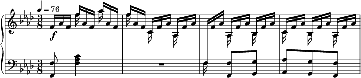 
\version "2.18.2"
\header {
  tagline = ##f
}
upper = \relative c' {
  \clef treble 
  \key f \minor
  \time 3/8
  \tempo 4 = 76
  %\autoBeamOff
  \override TupletBracket.bracket-visibility = ##f

   %%Cramer — Étude 25 (pdf p. )
   
    << { \omit TupletNumber \tuplet 3/2 { f16[ aes f]  f'[ aes, f] aes'[ aes, f] | f'[ aes, f] c[ f aes] aes,[ f' aes] \change Staff = "lower" f,16[ \change Staff = "upper" f' aes] aes,[ f' aes] bes,[ f' aes] c,[ f aes] bes,[ f' aes] aes,[ f' aes] } 
       } \\ 
       { s16\f s16 f'16 s16 aes16 s16 f16 s16 c,16 s16 aes s16 s16 s16 aes16 s16 bes s16 c s16 bes s16 aes s16
       } >>

}

lower = \relative c {
  \clef bass
  \key f \minor
  \time 3/8

   < f f, >8 < c' aes f >4
   R4.
   f,16 s16 < f f, >8 < g g, > < aes aes, > < g g, > < f f, >
 
}

  \header {
    piece = ""
  }

\score {
  \new PianoStaff <<
    \new Staff = "upper" \upper
    \new Staff = "lower" \lower
  >>
  \layout {
    \override TupletBracket.bracket-visibility = ##f
    \context {
      \Score
      %\remove "Metronome_mark_engraver"
    }
  }
  \midi { }
}
