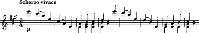 
\relative c''' { \key a \major \time 3/4 \set Score.tempoHideNote = ##t \tempo "Scherzo vivace" 4=160 \partial 4
 <<
  {
   e4-.\p cis( a) e-. cis( a) e-. a-. b-. cis-. d-. b\rest
   e'-. d( b) e,-. d( b) e,-. gis-. a-. b-. cis-. b\rest 
  }
 \\
  { s4 s2. s e,4 <gis e> <a e> <b e,> s2 s2. s e,4 e e <a e> }
 >>
}
