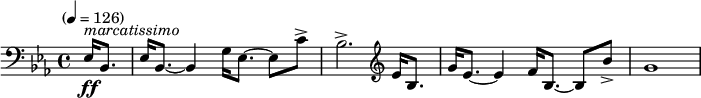  \new Staff \relative c {
  \clef bass \time 4/4 \key ees \major \tempo "" 4=126 \partial 4 \set Staff.midiInstrument = #"trombone"
  ees16-\ff^\markup { \italic "marcatissimo" } bes8. ees16 bes8.~bes4 g'16 ees8.~ees8 c'8-> bes2.->
  \clef treble ees16 bes8. g'16 ees8.~ees4 f16 bes,8.~bes8 bes'8-> g1
} 