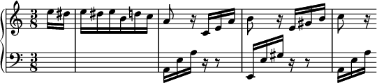 
\version "2.14.2"
\header {
  tagline = ##f
}
upper = \relative c'' {
  \clef treble 
  \key a \minor
  \time 3/8
  \tempo 4 = 72
  %\autoBeamOff
  \set Staff.midiInstrument = #"piano"
   
   \partial 8 e16 dis e dis e b d! c a8 r16
   c,16 e a b8 r16 e, gis b c8 r16
}

lower = \relative c' {
  \clef bass
  \key a \minor
  \time 3/8
  \set Staff.midiInstrument = #"piano"

   s8 s4.
   a,16 e' a r16 r8 e,16 e' gis r16 r8 a,16[ e' a]
    
}

\score {
  \new PianoStaff <<
    \set PianoStaff.instrumentName = #""
    \new Staff = "upper" \upper
    \new Staff = "lower" \lower
  >>
  \layout {
    \context {
      \Score
      \remove "Metronome_mark_engraver"
    }
  }
  \midi { }
}
