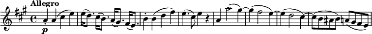 
\relative c'' {
  \version "2.18.2"
  \tempo "Allegro"
  \key a \major
  \time 4/4
  \tempo 4 = 140
  a4-. \p a (cis e)
  e16 (d8.) cis16 (b8.)a16 (gis8.) fis16 (e8.) 
  b'4-. b (d fis)
  e4. (cis8) e4 r
  a, a'2 (gis4) ~ gis (fis2 e4) ~ e (d2 cis4) ~cis8 
  (b ais b) a (gis fis e)
}
