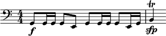  \relative c { \clef bass \key c \major \numericTimeSignature \time 4/4 g8\f g16 g g8 e g g16 g g8 e16 g | b4\trill\sfp } 