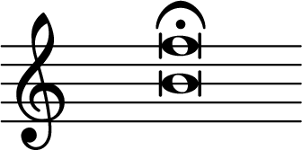 \new Staff \with { midiInstrument = "violin" \magnifyStaff #3 } \relative b' { \set Score.tempoHideNote = ##t \hide Staff.TimeSignature \time 9/4 \tempo 4 = 4 \fermata <b f'>\breve }