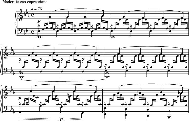 
\version "2.18.2"
\header {
  tagline = ##f
}
upper = \relative c'' {
  \clef treble 
  \key ees \major
  \time 4/4
  \tempo 4 = 76
  

   %%Montgeroult — Étude 41 (pdf p. 118)
   << {  \tuplet 3/2 { s16\p s8 \hide Flag g8(  s4 g8 s4 g8 s4 aes8) } } 
   
   \\ { 
      \repeat unfold 3 { 
        \tuplet 3/2 { \change Staff = "lower" d,16\rest \stemUp g,[ bes] } 
        \tuplet 3/2 { \stemDown \change Staff = "upper" g'[  \change Staff = "lower" \stemUp bes, g] } 
      } 
        \tuplet 3/2 { \change Staff = "lower" d'16\rest \stemUp g,[ bes] } 
        \tuplet 3/2 { \stemDown \change Staff = "upper" aes'[  \change Staff = "lower" \stemUp bes, g] }  
   } >>

   << { 
        \tuplet 3/2 { s16 s8 \hide Flag g'8( s4 f8 s4 f8 s4 f8) } } 

   \\ { \tuplet 3/2 { \change Staff = "lower" d16\rest \stemUp aes \stemDown \change Staff = "upper" d }
        \tuplet 3/2 { g16[ d \stemUp \change Staff = "lower" aes] } 
      \repeat unfold 3 { 
        \tuplet 3/2 { \change Staff = "lower" d16\rest \stemUp aes16[ \stemDown \change Staff = "upper" d] } 
        \tuplet 3/2 { f16[ d \stemUp \change Staff = "lower" aes] } 
      } 
   } >>

   << { \tuplet 3/2 { s16 s8 \hide Flag bes'8( s4 bes8 s4 bes8 s4 bes8) } } \\ { \repeat unfold 4 { \tuplet 3/2 { \stemUp \change Staff = "lower" d16\rest bes, \stemDown \change Staff = "upper" f' } \tuplet 3/2 { bes[ f \stemUp \change Staff = "lower" bes,] } } } >>

   << { 
        \tuplet 3/2 { s16 s8 \hide Flag aes'8( s4 g8 s4 g8 s4 g8) } } 

   \\ { \tuplet 3/2 { \change Staff = "lower" d16\rest \stemUp bes \stemDown \change Staff = "upper" ees }
        \tuplet 3/2 { aes16[ ees \stemUp \change Staff = "lower" bes] } 
      \repeat unfold 3 { 
        \tuplet 3/2 { \change Staff = "lower" d16\rest \stemUp bes16[ \stemDown \change Staff = "upper" ees] } 
        \tuplet 3/2 { g16[ ees \stemUp \change Staff = "lower" bes] } 
      } 
   } >>

   << {  \tuplet 3/2 { s16\p s8 \hide Flag c'8(  s4 c8 s4 c8 s4 bes8) } } 
   
   \\ { 
        \tuplet 3/2 { \change Staff = "lower" d,16\rest \stemUp c[ ees] } 
        \tuplet 3/2 { \stemDown \change Staff = "upper" c'[ ees, c] }

        \tuplet 3/2 { \change Staff = "lower" d16\rest \stemUp c[ \stemDown \change Staff = "upper" ees] } 
        \tuplet 3/2 { \stemDown \change Staff = "upper" c'[ ees, \change Staff = "lower" \stemUp c] }

        \tuplet 3/2 { \change Staff = "lower" d16\rest \stemUp c[ \stemDown \change Staff = "upper" e] } 
        \tuplet 3/2 { \stemDown \change Staff = "upper" c'[ e, \change Staff = "lower" \stemUp c] } 

        \tuplet 3/2 { \change Staff = "lower" d16\rest \stemUp c[ \stemDown \change Staff = "upper" e] } 
        \tuplet 3/2 { \stemDown \change Staff = "upper" bes'[ e, \change Staff = "lower" \stemUp c] }  
   } >>

   << {  \tuplet 3/2 { s16 s8 \hide Flag aes'8(  s4 a8 s4 bes8 s4 aes8) } } 
   
   \\ { 
        \tuplet 3/2 { \change Staff = "lower" d,16\rest \stemUp c[ \stemDown \change Staff = "upper" f] } 
        \tuplet 3/2 { \stemDown \change Staff = "upper" aes[ f \change Staff = "lower" \stemUp c] }

        \tuplet 3/2 { \change Staff = "lower" d16\rest \stemUp c[ \stemDown \change Staff = "upper" f] } 
        \tuplet 3/2 { \stemDown \change Staff = "upper" a[ f \change Staff = "lower" \stemUp c] }

        \tuplet 3/2 { \change Staff = "lower" d16\rest \stemUp bes[ \stemDown \change Staff = "upper" f'] } 
        \tuplet 3/2 { \stemDown \change Staff = "upper" bes[ f \change Staff = "lower" \stemUp bes,] } 

        \tuplet 3/2 { \change Staff = "lower" d16\rest \stemUp bes[ \stemDown \change Staff = "upper" d] } 
        \tuplet 3/2 { \stemDown \change Staff = "upper" aes'[ d, \change Staff = "lower" \stemUp  bes] }  
   } >>

}

lower = \relative c {
  \clef bass
  \key ees \major
  \time 4/4

   << { \stemDown \repeat unfold 8 { ees4 } \repeat unfold 4 { d4 } \repeat unfold 4 { ees4 } } \\ { \repeat unfold 2 { ees,1 } < bes' d, >1( < bes ees, >) } >>
   \stemDown aes4\< aes' g\!\>\p g,\! < f' f, >4 < ees ees, > < d d, > < bes bes, >

}

  \header {
    piece = "Moderato con espressione"
  }

\score {
  \new PianoStaff <<
    \new Staff = "upper" \upper
    \new Staff = "lower" \lower
  >>
  \layout {
    \context {
      \Score
      \override TupletBracket.bracket-visibility = ##f
      \omit TupletNumber
    }
  }
  \midi { }
}
