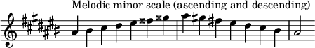  {
\override Score.TimeSignature #'stencil = ##f
\relative c'' {
  \clef treble \key ais \minor \time 7/4
  ais4^\markup "Melodic minor scale (ascending and descending)" bis cis dis eis fisis gisis ais gis! fis! eis dis cis bis ais2
} }
