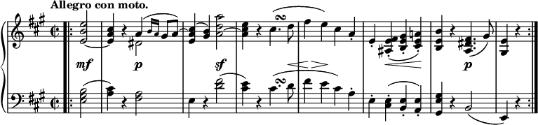 
\relative c'' {
  \new PianoStaff <<
   \new Staff {
    \key fis \minor \time 2/2 \set Score.tempoHideNote = ##t \tempo "Allegro con moto." 4=125 \partial 2
    \override TextScript #'avoid-slur = #'inside
    \override TextScript #'outside-staff-priority = ##f
    \bar ".|:" <e b e,~>2 <cis a e>4 r
    << { a( \grace { b16 a } gis8 a) ~ <cis a e>4( <b gis>) } \\ { dis,2 s } >>
    <a'' d, a~>2 <e cis a>4 r
    cis4.(^\markup    
           \override #'(baseline-skip . 1) {
           \halign #-2
           \musicglyph #"scripts.turn"
         } d8 fis4 e) cis a-.
    e-. <fis e ais,>-.( <gis e b>-. <a! e cis>-.)
    <b e, b> r <fis dis a>4.( gis8) <e gis,>4 r \bar ":|."
   }
   \new Dynamics {
    s2\mf s s\p s s\sf s s4. s8\< s16 s\! s\> s s4\! s2 s4 s\< s s\! s2 s\p
   }
   \new Staff {
    \key fis \minor \time 2/2 \clef bass
    \override TextScript #'avoid-slur = #'inside
    \override TextScript #'outside-staff-priority = ##f
    <b gis e>2( <cis a>4) r <a fis>2 e4 r <fis' d>2( <e cis>4) r 
    cis4.(^\markup    
           \override #'(baseline-skip . 1) {
           \halign #-2 \raise #2
           \musicglyph #"scripts.turn"
         } d8 fis4 e cis) a-.
    e-. <e cis>-.( <e b>-. <e a,>-.) <gis e gis,> r b,2( e,4) r
   }
  >>
 }
