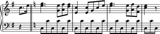 
 \relative c' {
  \new PianoStaff <<
   \new Staff \with { \remove "Time_signature_engraver" } { \key g \major \time 3/4 \partial 4
    c'8. e16 \key c \major \bar "||" <g e>4. <e g,>8 <f a,> <d f> <c e,>4 <c e,>8 g c e <g e>4. <e g,>8 <f a,> <d f,> <c e>4 r8
   }
   \new Staff \with { \remove "Time_signature_engraver" } { \key g \major \time 3/4 \clef bass \partial 4
    r4 \key c \major \bar "||" c,,8 c' c, c' c, c' | c, c' c, c' c, c' | c, c' c, c' c, c' | c,[ c' c,]
   }
  >>
 }
