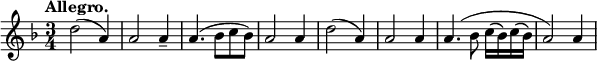 
\relative c'' {
 \key f \major \time 3/4 \set Score.tempoHideNote = ##t \tempo "Allegro." 4=134
 d2( a4) a2 a4-- a4.( bes8 c bes) a2 a4
 d2( a4) a2 a4 a4.
 \shape #'((-2 . 1) (-1 . 2) (-0.5 . 2) (0 . 1)) Slur
 ( bes8 c16\( bes\) c\( bes\) a2) a4
}
