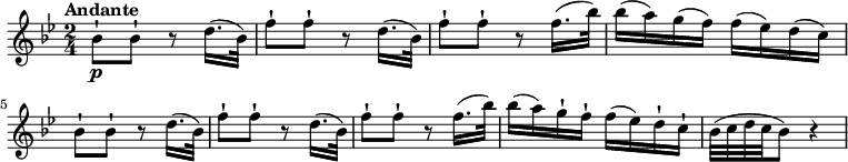 
\relative c'' {
  \version "2.18.2"
  \tempo "Andante"
  \key bes \major
  \time 2/4
  \tempo 4 = 50
  bes8-!\p bes8-! r8 d16. (bes32)
  f'8-!  f-! r8 d16. (bes32)
  f'8-!  f-! r8 f16. (bes32)
  bes16 (a) g (f) f (ees) d (c)
  bes8-! bes8-! r8 d16. (bes32)
  f'8-!  f-! r8 d16. (bes32)
  f'8-!  f-! r8 f16. (bes32)
  bes16 (a) g-! f-! f (ees) d-! c-!
  bes32 (c d c bes8) r4
}
