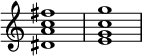 
{
\override Score.TimeSignature
#'stencil = ##f
\time 4/4 
\relative c' { 
      <dis a' c fis>1 <e g c g'>
   }
}
