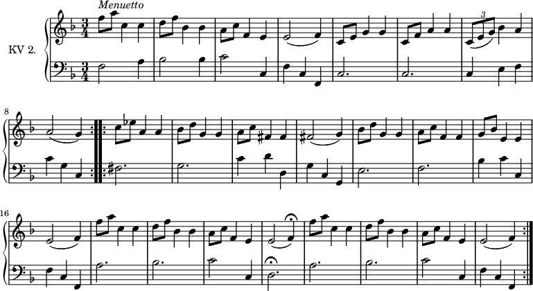 
\version "2.14.2"
\header {
  tagline = ##f
}

upper = \relative c'' {
  \clef treble
  \key f \major
  \time 3/4
  \tempo 4 = 130
  \tempo "Menuetto"
  \set Staff.midiInstrument = #"dulcimer"

   \repeat volta 2 {
 f8^\markup \italic { Menuetto} a c,4 c | d8 f bes,4 bes | a8 c f,4 e | e2 (f4)
  | c8 e g4 g  | c,8 f a4 a
  | \tuplet 3/2 {c,8 (e g) } bes4 a |  a2 (g4)
  }
  \repeat volta 2 \relative c' {
   c'8 ees a,4 a | bes8 d g,4 g  | a8 c fis,4 fis
   | fis2 (g4)  | bes8 d g,4 g  | a8 c f,4 f | g8 bes e,4 e | e2 (f4)
   |  f'8 a c,4 c | d8 f bes,4 bes | a8 c f,4 e  | e2 (f4) \fermata
    |  f'8 a c,4 c | d8 f bes,4 bes | a8 c f,4 e  | e2 (f4)
  }
} 

lower = \relative c {
  \clef bass
  \key f \major
  \time 3/4
  \set Staff.midiInstrument = #"harpsichord"
  
  \repeat volta 2 {
  f2 a4 | bes2 bes4 | c2 c,4 | f4 c f,|  c'2. |  c2. | c4 e f  | c' g c,
  }
  \repeat volta 2 \relative c' {
    fis,2.  | g2. | c4 d d, | g c, g  | e'2. | f2.   | bes4 c  c,  | f c f,
    |  a'2. | bes2.| c2 c,4 | d2. \fermata |  a'2. | bes2.| c2 c,4 
    | f c f,
  }
}  


\score {
  \new PianoStaff <<
    \set PianoStaff.instrumentName = #"KV 2."
    \new Staff = "upper" \upper
    \new Staff = "lower" \lower
  >>
  \layout {
    \context {
      \Score
      \remove "Metronome_mark_engraver"
    }
  }
 \midi { }
}
