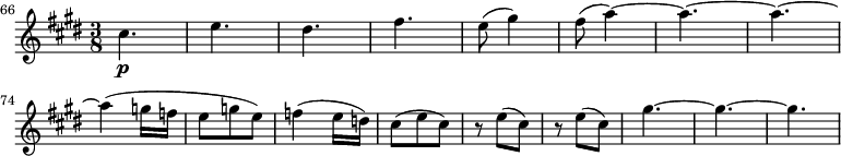 
\relative c'' {
  \key e \major
  \time 3/8
  \clef treble
  \tempo 8 = 96
  \set Score.tempoHideNote = ##t
  \set Staff.midiInstrument = "oboe"
  \set Score.currentBarNumber = #66
  \bar ""
  cis4. _\p e dis fis e8( gis4) fis8( a4)~ _\< a4.~ a~ _\> \break
  a4( g16 f e8 g e) f4( e16 d16) cis8( e cis) r e( cis) r e( cis) gis'4.~ gis~ gis~
}
