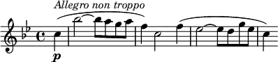 {
  \key bes \major \time 4/4 \tempo 4 = 120
  \set Score.tempoHideNote = ##t
  \partial 4 c''4(\p ^\markup{\italic{Allegro non troppo}}
  bes''2~ bes''8 a'' g'' a''
  f''4) c''2 f''4(
  es''2~ es''8 d'' g'' es''
  c''4)
}