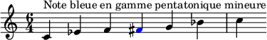 
\relative c' {
  \clef treble \time 6/4 c4^\markup { Note bleue en gamme pentatonique mineure } ees f \once \override NoteHead.color = #blue fis g bes c
}
